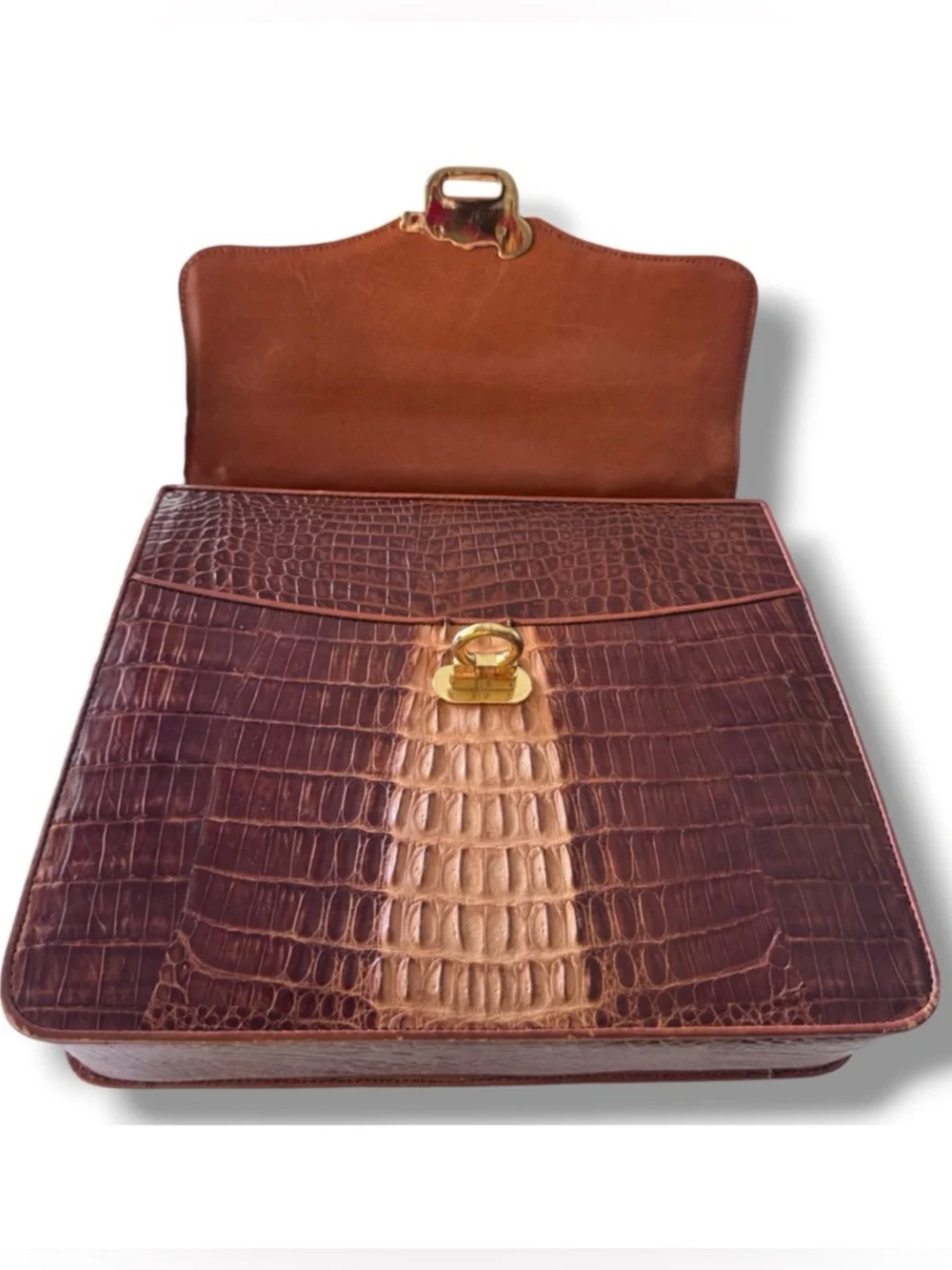 Vintage Genuine Crocodile Two-Tone Brown Top Handle Satchel Gold-Tone Hardware